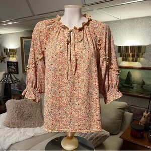 Melloday‎ Women's L Floral BOHO Peasant Top Ruffle Smocked Blouse Autumn Fall